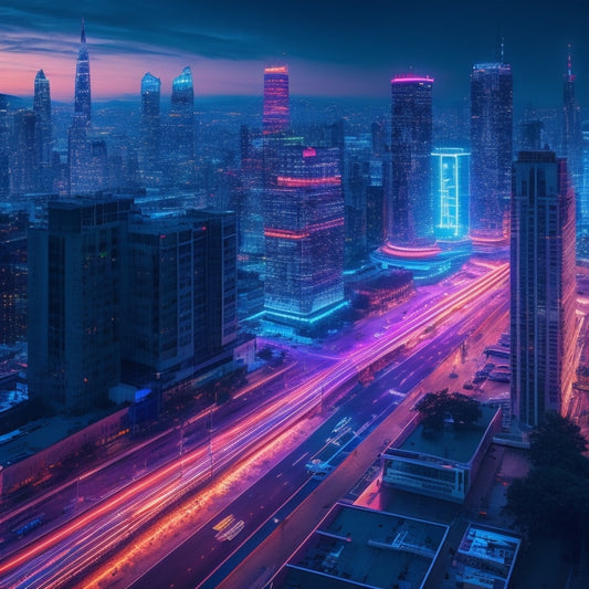 A futuristic cityscape at dusk with sleek skyscrapers, neon lights, and holographic advertisements, featuring a massive, glowing retail store with circuit board patterns and wires wrapping around it.