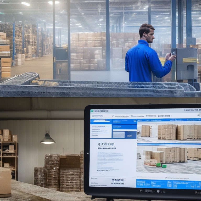 A split-screen image with a cluttered, dimly lit warehouse on one side, representing missed sales opportunities, and a bright, organized warehouse on the other, with a tablet displaying a product download analytics dashboard in the center.