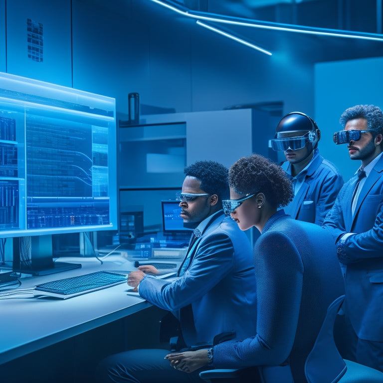 A futuristic, high-tech laboratory with sleek, silver workstations, illuminated by neon blue lights, featuring a group of diverse, skilled cybersecurity experts in the background, wearing futuristic goggles.