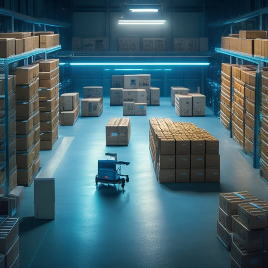 A futuristic warehouse scene with sleek, silver shelves and rows of cardboard boxes, featuring a central box with a large, glowing QR code on its side, surrounded by scanning robots and drones.