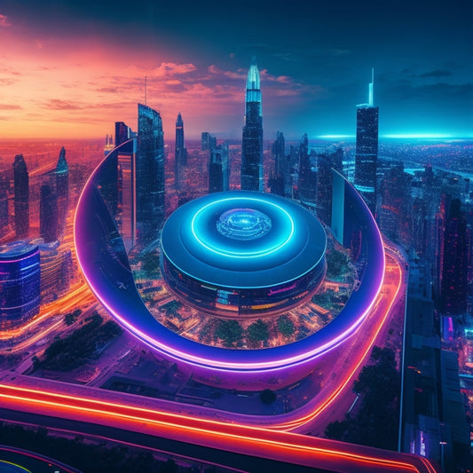 A futuristic cityscape at dusk with sleek skyscrapers, neon lights, and holographic advertisements, featuring a prominent circular hub with swirling digital currencies and transaction symbols orbiting around it.