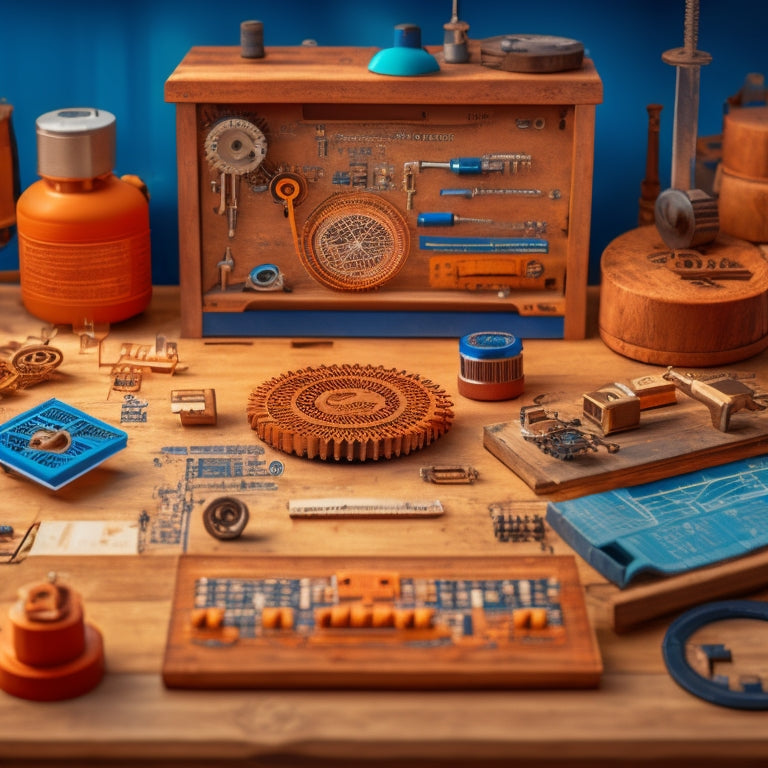 A stylized illustration of a skilled artisan's workshop, with a Magento 2 dashboard on a wooden desk, surrounded by half-crafted product blueprints, gears, and cogs, amidst a subtle background of circuit boards and coding symbols.