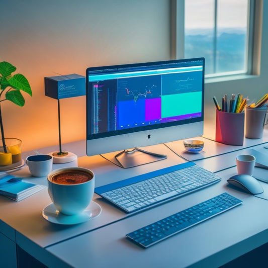 A futuristic, minimalist desk with a sleek laptop, surrounded by colorful, overlapping digital screens displaying course outlines, wireframes, and analytics charts, amidst scattered coffee cups and a few scattered Post-It notes.