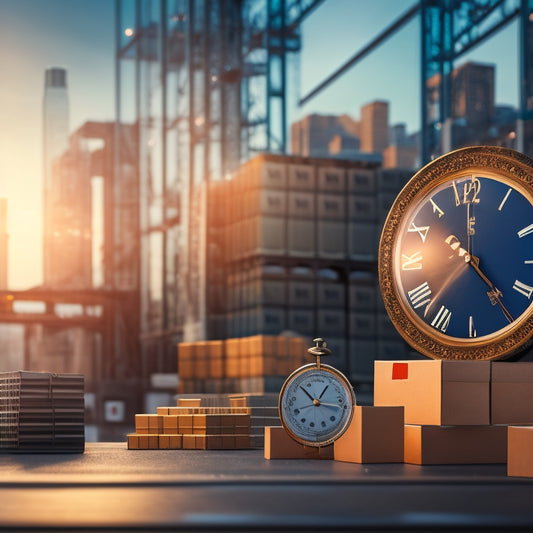 An illustration of a clock with gears and cogs in motion, surrounded by packages and shipping boxes of various sizes, with a subtle background of a cityscape or warehouse.