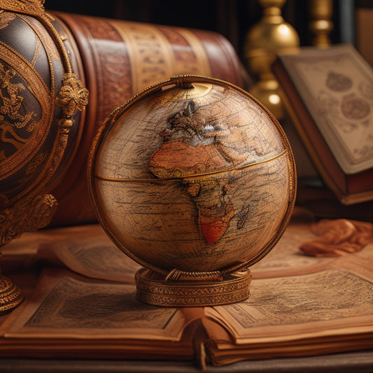 A globe with intricate, swirling patterns of international shipping routes and trade lines, surrounded by stacked, leather-bound books and a miniature, golden key.