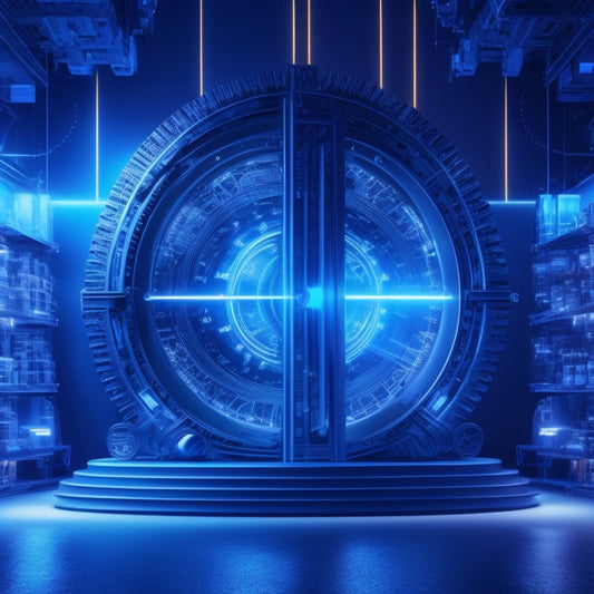 A stylized, futuristic depiction of a WooCommerce storefront, surrounded by orbiting gears and cogs, with glowing blue lines and circuits, set against a dark blue gradient background with subtle starry night sky hints.