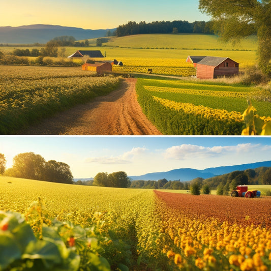 A split-screen image: a withered, isolated farm on the left, contrasted with a thriving, community-supported farm on the right, complete with diverse crops, buzzing bees, and smiling farmers.