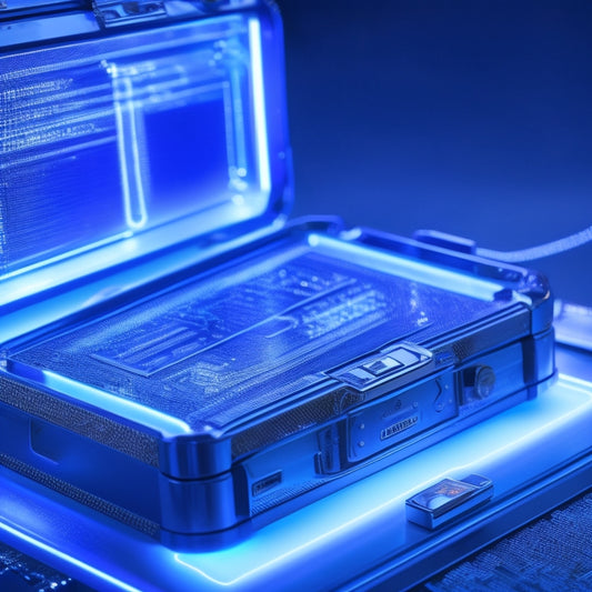 A futuristic, silver briefcase with a glowing blue SAQ and A-Ep logos on its sides, surrounded by swirling, neon-lit circuit boards and faint, shimmering white paper fragments.