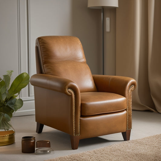 A warm, golden-brown leather armchair sits against a creamy white background, with a soft, velvety cloth draped over its armrest, and a small, delicate leather conditioner bottle placed beside it.