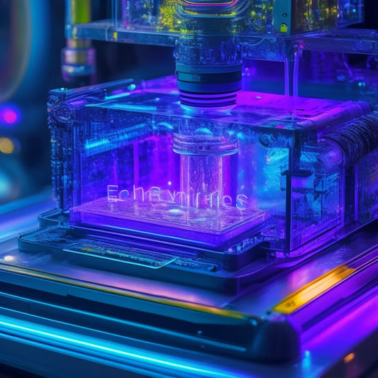 A futuristic, high-tech printing press with glowing UV inks flowing through transparent tubes, surrounded by vibrant, swirling patterns of colorful ink droplets and lit-up circuit boards.