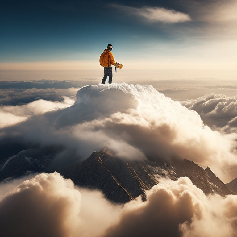 An illustration of a person standing on a mountain peak, surrounded by swirling clouds of 1s and 0s, with a subtle AWS logo in the background, holding a certification trophy.