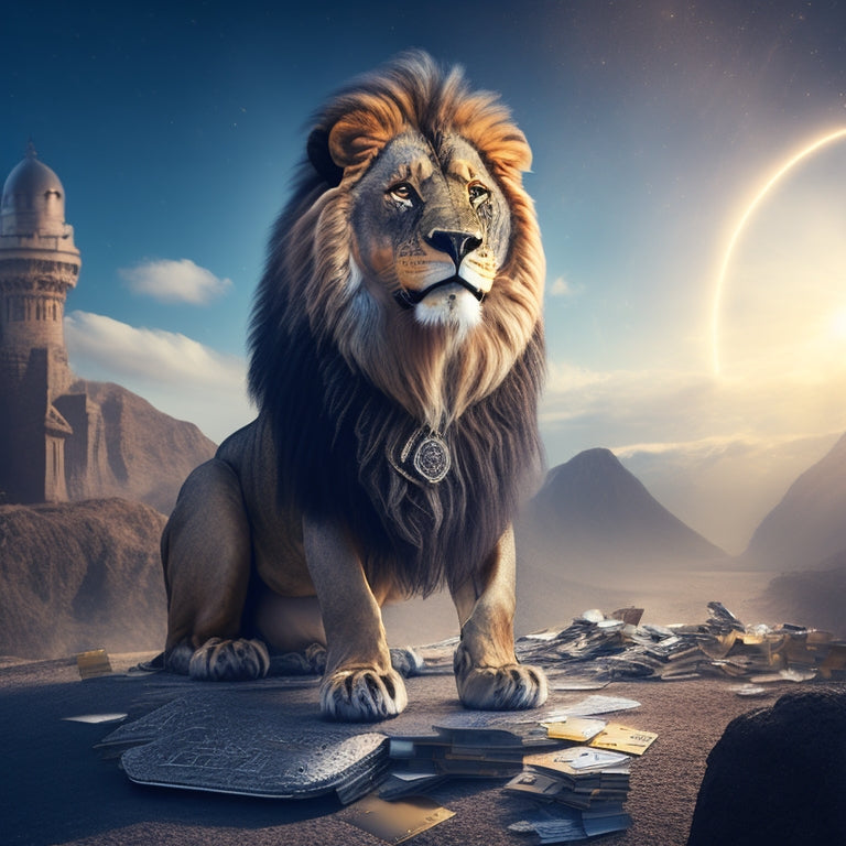 A regal lion stands victorious on a mountain of shattered credit cards and broken locks, surrounded by a halo of light, with a shield emblazoned with a stylized "S" in the foreground.