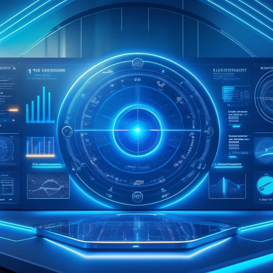 A futuristic dashboard with glowing blue lines and grids, surrounded by various digital devices, featuring a large, circular, 3D graph with rising arrows and a centered, stylized product icon.