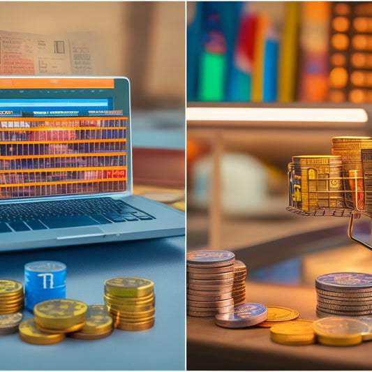 A split-screen image featuring a laptop with a shopping cart icon on the screen, surrounded by stacks of coins and a miniature price tag, versus a confused person amidst scattered papers and torn price labels.