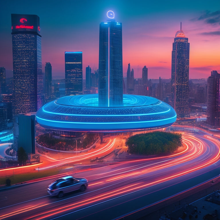 A futuristic cityscape at dusk with sleek skyscrapers, neon lights, and a giant spring coil wrapping around a central building, with robots and drones flying in and out of it.