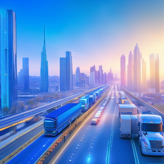 An illustration of a futuristic cityscape with sleek skyscrapers, autonomous drones flying between them, and self-driving trucks transporting modular building components on a highway.