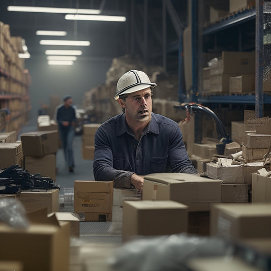 A cluttered warehouse with shelves overflowing with boxes, a tangled mess of conveyor belts, and a worker in the background looking frustrated, surrounded by paperwork and computers with multiple screens.