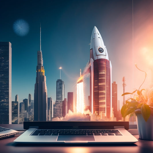 An illustration of a rocket ship blasting off from a laptop, surrounded by rising graphs and charts, with a subtle cityscape in the background, symbolizing rapid ecommerce growth.