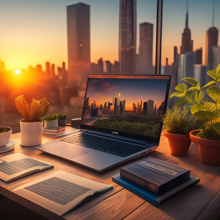 An illustration of a merchant's desk with a laptop displaying a virtual course platform, surrounded by growing plants, a rising graph, and a few scattered books, with a subtle background of a cityscape at sunset.