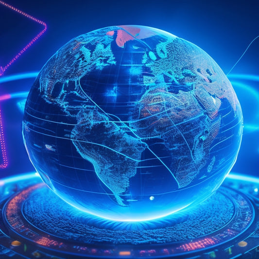 An illustration featuring a stylized globe with glowing blue lines and nodes, surrounded by various payment icons (e.g. credit cards, mobile wallets) and a subtle background of circuit boards or wires.