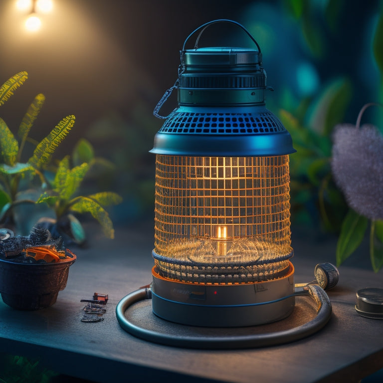 A close-up of a mosquito magnet trap's mesh screen, clogged with dead mosquitoes, surrounded by scattered tools and spare parts, with a single, glowing light bulb hanging above.