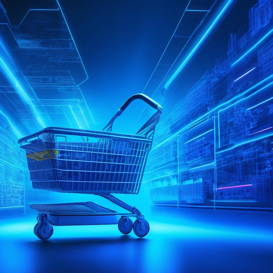 A futuristic ecommerce landscape with a stylized shopping cart at its center, surrounded by swirling circuits, gears, and coding symbols, set against a dark blue gradient background with neon accents.