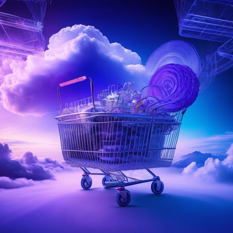 A futuristic, abstract composition featuring interconnected gears, circuits, and wires converging into a sleek, silver shopping cart, surrounded by swirling clouds of blue and purple hues, symbolizing innovation.
