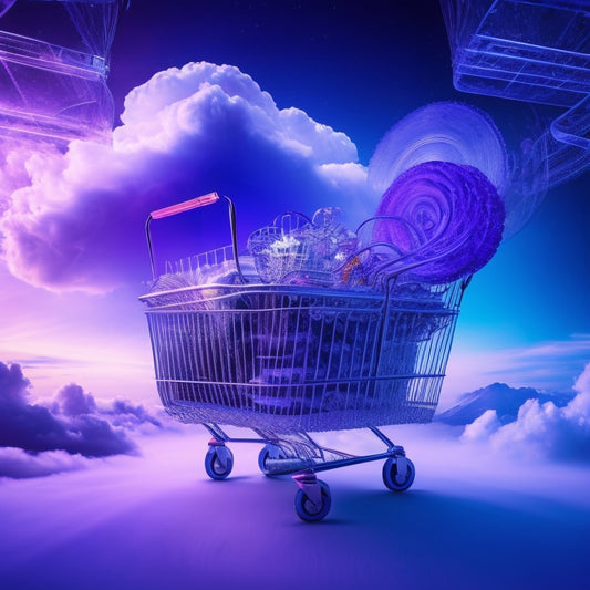 A futuristic, abstract composition featuring interconnected gears, circuits, and wires converging into a sleek, silver shopping cart, surrounded by swirling clouds of blue and purple hues, symbolizing innovation.