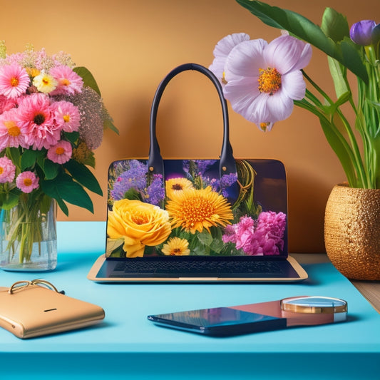 A stylized illustration of a laptop and smartphone surrounded by blooming flowers, with a subtle e-commerce shopping bag in the background, depicting growth and prosperity.