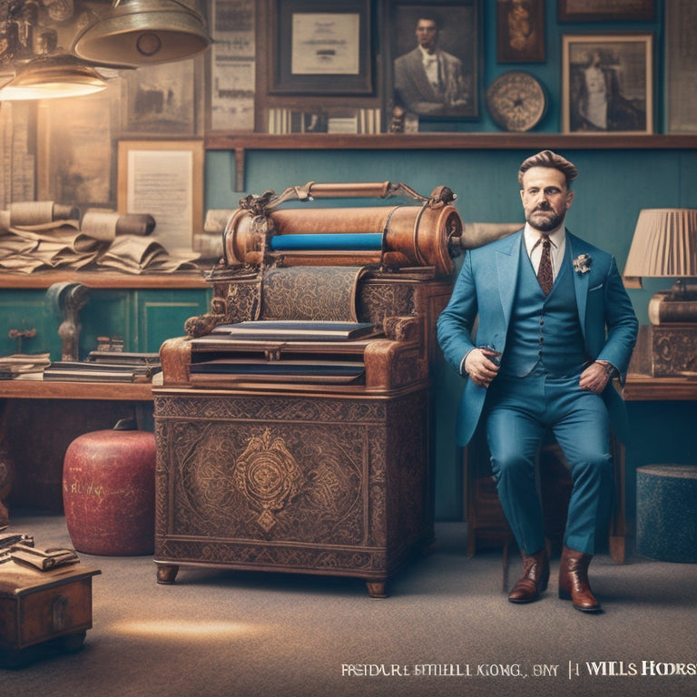 A stylized illustration of a small business owner standing in front of a vintage printing press, surrounded by rolls of paper, inkwells, and quills, with a modern laptop and Issuu logo in the foreground.