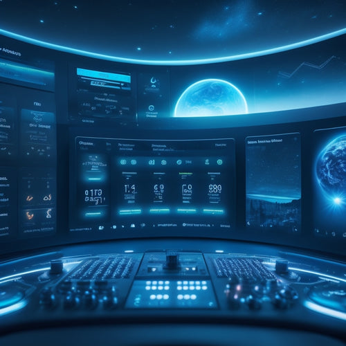 A futuristic, sleek dashboard with glowing blue lines and circles, showcasing a seller's control panel with various digital product icons, graphs, and metrics, set against a dark, starry night sky.