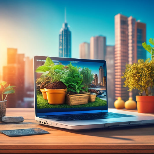 An illustration of a laptop with a growing plant sprouting out of the screen, surrounded by ecommerce icons like shopping carts and coins, with a subtle cityscape background.