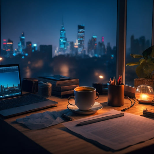 A dimly lit, cluttered desktop with a laptop displaying a downward-trending graph, surrounded by crumpled papers, a broken pencil, and a forgotten cup of coffee, with a subtle background of a cityscape at dusk.