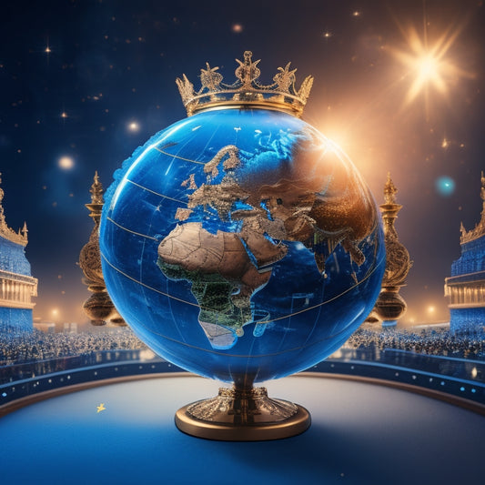 A globe with glowing blue lines and dots, symbolizing global connectivity, surrounded by scattered e-commerce icons, such as shopping carts and packages, with a subtle, gleaming golden crown at the top.