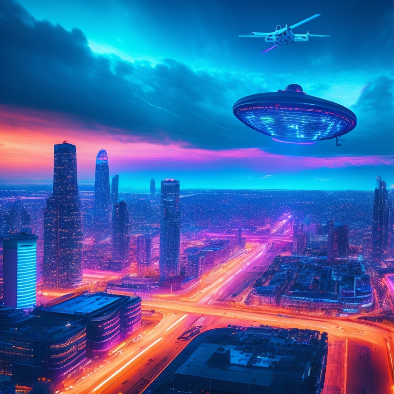 A futuristic, neon-lit cityscape with sleek skyscrapers and hovering drones, surrounded by swirling clouds of ones and zeros, and a giant, glowing shopping cart at the center, radiating light and energy.