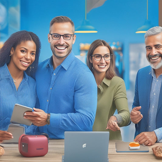 A stylized illustration of a smiling shop owner surrounded by satisfied customers, with laptops and mobile devices displaying a customizable online store, set against a bright, gradient blue background.