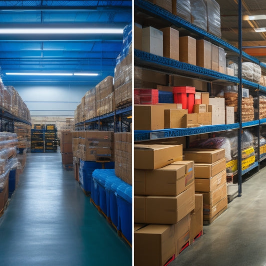 A split-screen image with a sleek, modern warehouse on the left, with shelves stocked with various products and a tablet displaying a dashboard, versus a messy, cluttered storage room on the right, with scattered boxes and papers.