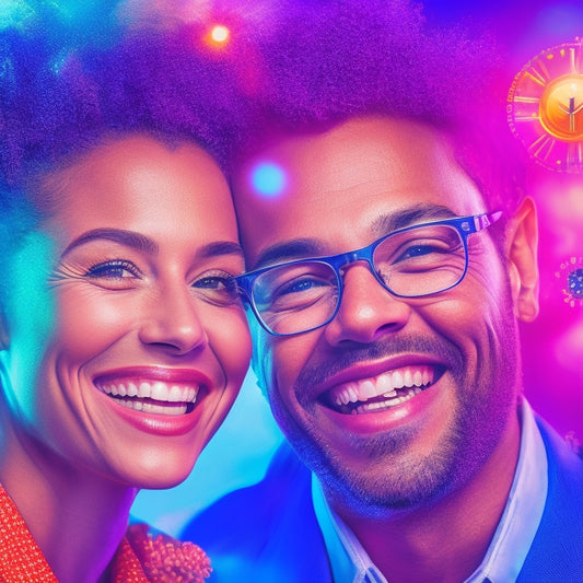 A vibrant, abstract background with interconnected gears, puzzle pieces, and sparks, conveying innovation and connection, surrounded by stylized customer profiles with smiling faces and glowing auras.