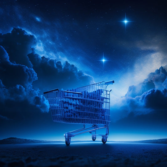 A futuristic ecommerce landscape with a sleek, silver shopping cart in the foreground, surrounded by swirling clouds of code, circuit boards, and gears, set against a dark blue, starry night sky.