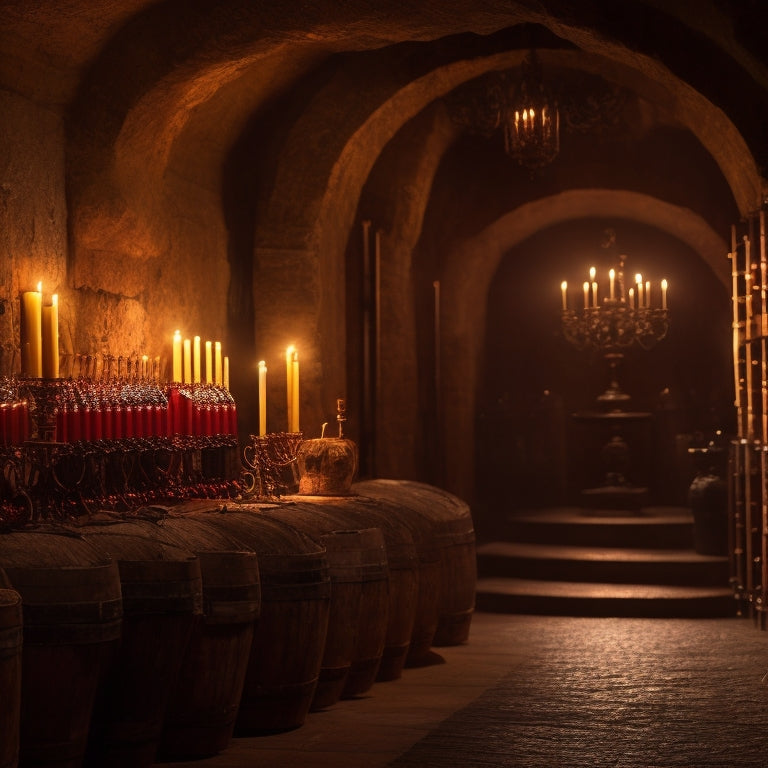 A dimly lit, rustic wine cellar with oak barrels, rows of wine bottles with elegant labels, and a solitary, ornate candelabra casting a warm glow on the stone floor.