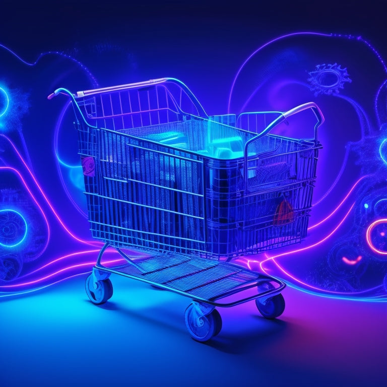 A futuristic, minimalist illustration featuring a stylized shopping cart surrounded by swirling circuits, gears, and sparks, set against a dark blue gradient background with neon accents.