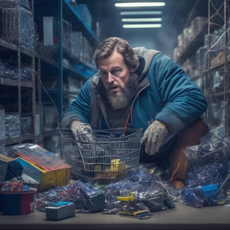 A frustrated merchant stuck in a maze of broken shopping carts, with torn packages and scattered products surrounding them, amidst a backdrop of cracked computers and tangled wires.