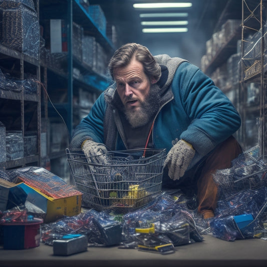A frustrated merchant stuck in a maze of broken shopping carts, with torn packages and scattered products surrounding them, amidst a backdrop of cracked computers and tangled wires.