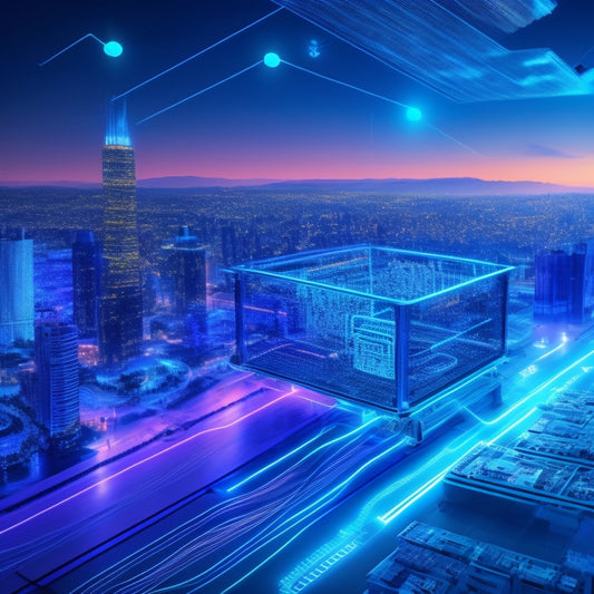A futuristic, sleek, and modern illustration featuring a stylized online shopping cart with glowing blue circuits, surrounded by orbiting servers, wires, and tiny icons of packages, with a subtle cityscape background.