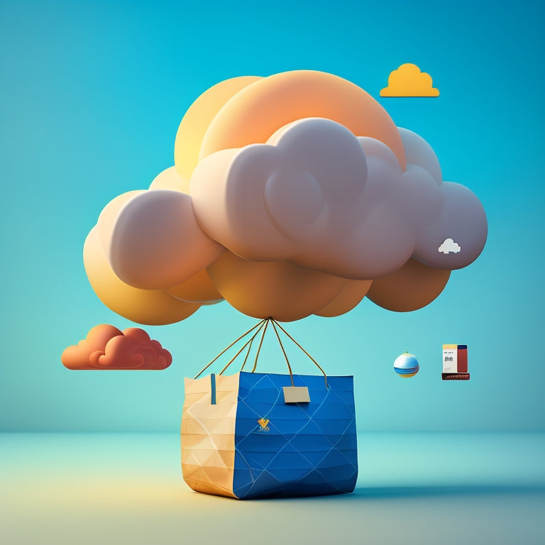 A stylized, modern illustration of a cloud with shopping bags and payment icons rising from it, surrounded by connecting lines and nodes, symbolizing seamless e-commerce integration.