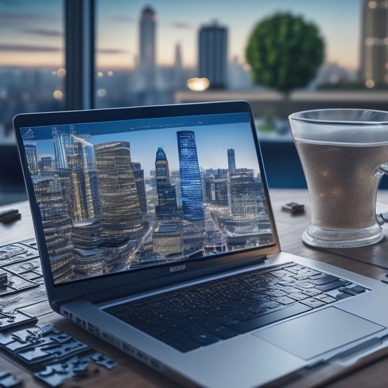 An illustration of a magnifying glass zooming in on a laptop screen displaying an e-commerce website, surrounded by puzzle pieces fitting together, with a subtle cityscape or business background.