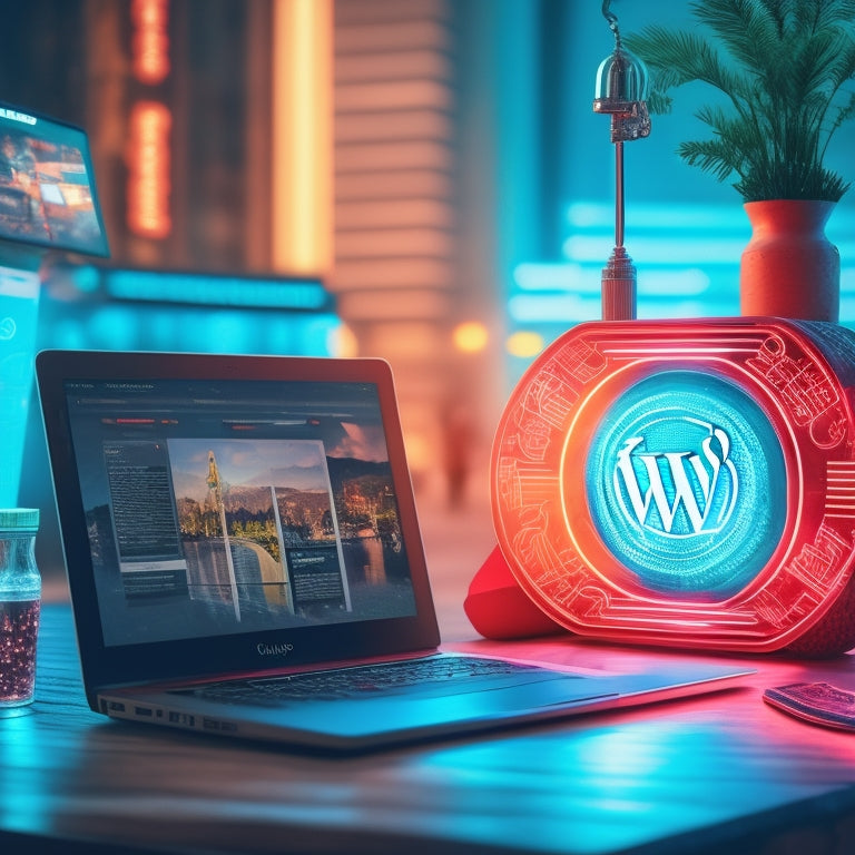 A stylized illustration of a person standing in front of a laptop with a bright, glowing WordPress logo on the screen, surrounded by swirling e-commerce elements like shopping bags, credit cards, and coins.