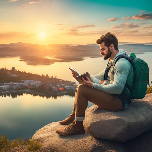 A serene, globe-trotting individual sitting on a mountaintop, surrounded by floating e-books and tablets, with a cityscape, beach, and forest in the background, all bathed in warm, golden light.