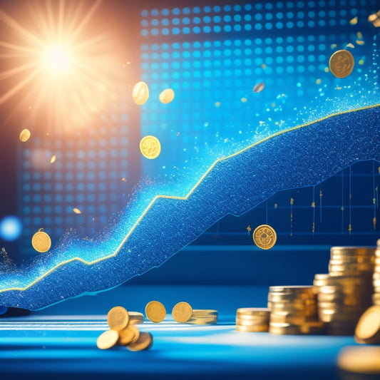 A stylized illustration of a rising chart, with a bold blue line soaring upwards, surrounded by confetti and sparkling gold coins, set against a bright blue background with subtle grid patterns.