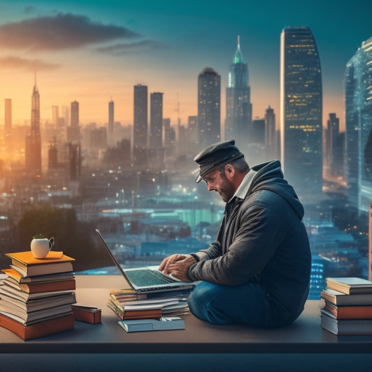 An illustration of a merchant sitting in front of a laptop, surrounded by stacks of books and scattered papers, with a subtle cityscape in the background, transformed into a tidy digital dashboard.